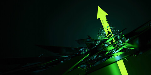 Disruptive green arrow going up, original 3d rendering