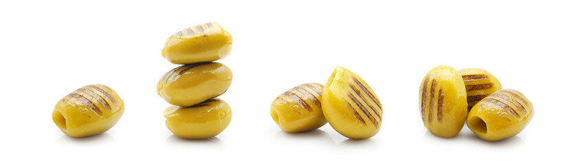 Natural grilled green olives isolated set on white background close up	                      