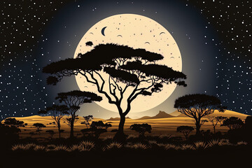 African nighttime scenery a field with trees in it, with a full moon shining beneath a starry night sky. Generative AI