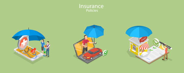 3D Isometric Flat Vector Conceptual Illustration of Insurance Policy Services, Health and Family Protection