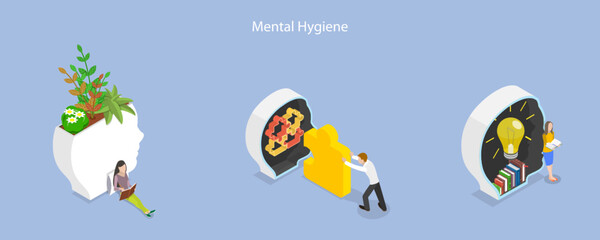 3D Isometric Flat Vector Conceptual Illustration of Mental Hygiene, Psychological Wellness, Positive Thinking