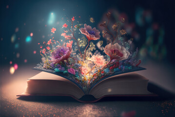 An open book with flowers coming out of it, Generative AI