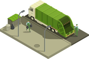 isometric street with garbage truck and workers, vector illustration