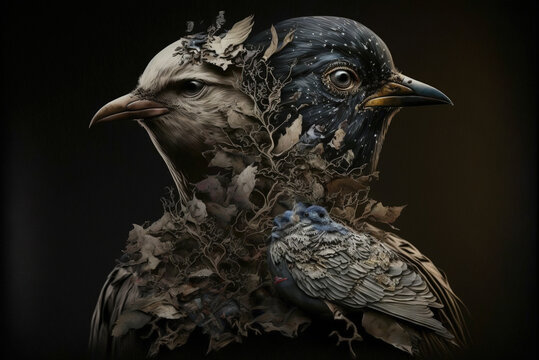 ird couple merge in floral composition, Generative AI