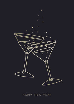 Elegant Linear Illustration Of Drinks With Bubbles And &bdquo;Happy New Year&rdquo; Wishes. Simple Graphic Design Ideal For Carnival Party Poster, Invitation Or Greeting Card.