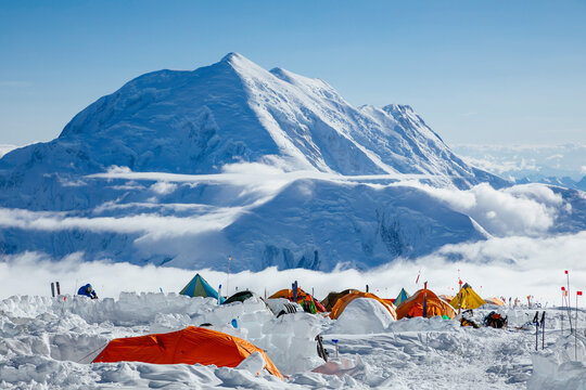 Tents at 14k camp on Denali in Denali National Park, Alaska, USA