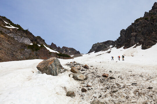 Mountain climbers climbing Foley Peak, North Cascade Mountain Range, Chilliwack, British Columbia, Canada