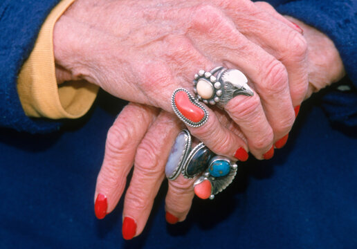 Close-up portrait of the Eagle Lady's (Jean Keene's) hands.