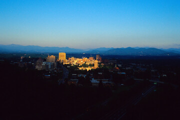 Sunrise puts a spotlight on the central portion of downtown Asheville, NC