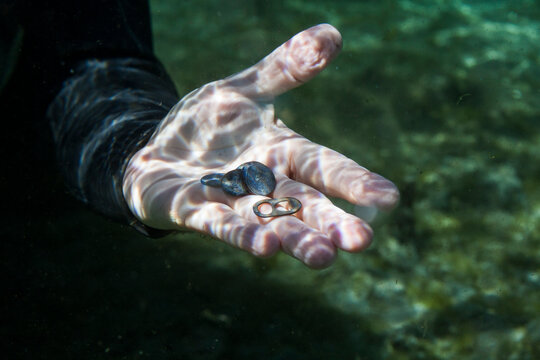 A man holds metal scraps during a clean up of the warm spring at Alexander Spring Recreation Area, Florida.