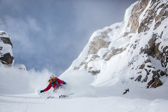 Skiing in mountains of Val d'Isere, France