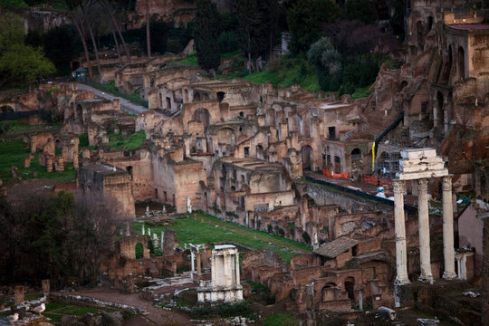 A view of the Temple of Castor and Pollux, right, in the Roman Forum, in Rome