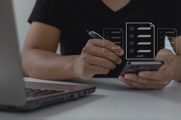 signing business contract concept. Online business contract Electronic signature on mobile application with a smartphone, e-signing, digital document management, paperless office, online approval.
