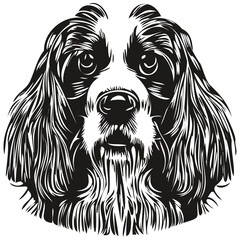 Spaniel English Springer dog hand drawn illustration, black and white vector pets logo line art