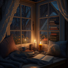 Generative AI illustration of a windowseat book nook for reading with winter snow outside and lit candles. - obrazy, fototapety, plakaty