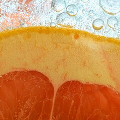 Close-up of fresh grapefruit slice on white background. Slice of red grapefruit in sparkling water on white background, close-up. Horizontal image