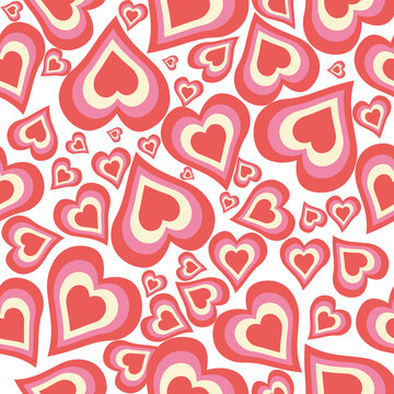 Groovy hearts seamless pattern. Psychedelic distorted hearts in 70s, 80s. Design for pint,textile, wrpping paper,web.Vector illustration