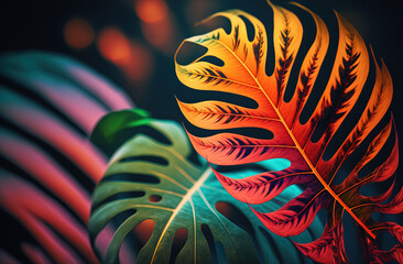 Background with colored tropical leaves. sketch art for artist creativity and inspiration. generative AI