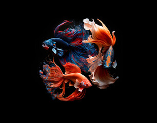 Three aggressive Chinese betta fighting fish in a circle formation.  Multi color Siamese fighting fish rose tail and halfmoon ,fighting fish, Betta splendens, on black background.  Digital art  - obrazy, fototapety, plakaty