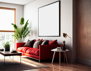 Mockup square frame living room home interior elegant furnishing, red and white colors, couch with cushion. Generative AI 3D render