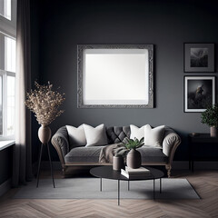Mockup square frame living room home interior elegant furnishing, black grey and white colors, couch with cushion. Generative AI 3D render