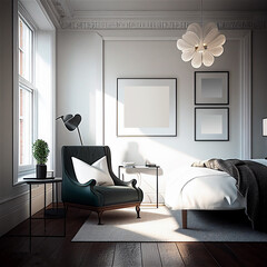 Mockup square frame bedroom home interior elegant furnishing, black grey and white colors, bed with cushion. Generative AI 3D render
