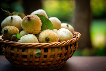 Fresh Nashi, Korean, or snow pear fruit in a wooden basket against a naturally blurred backdrop of greenery. Generative AI