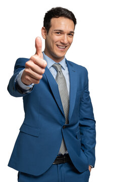 Businessman giving thumbs up isolated on white background