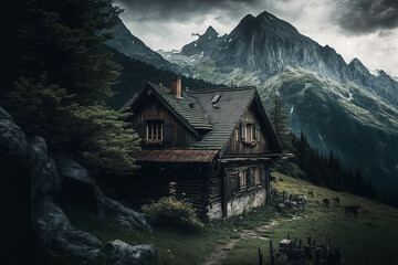 Beautiful picture of a mountainside structure under a gloomy sky. Generative AI