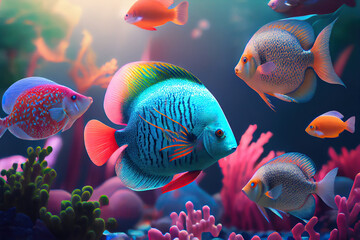 Colorful tropical fish swimming in ocean. Generative AI - 559625140