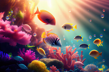 Fototapeta na wymiar Colorful tropical fish swimming in ocean. Generative AI