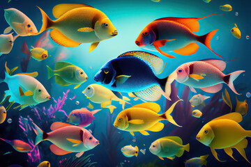 Naklejka premium Colorful tropical fish swimming in ocean. Generative AI