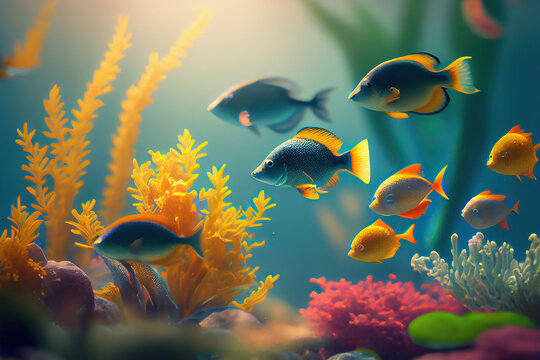 Colorful tropical fish swimming in ocean. Generative AI
