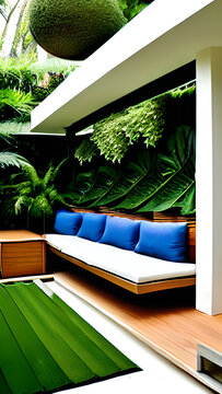 monstera deliciosa and other tropical plants, dreamy space for conversation pit, micelio and wood for the floor, begonia rex, sedums, bauhaus futuristic furniture and funny decoration, generative ai