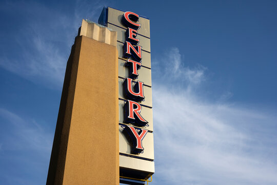 San Mateo, CA, USA - Apr 29, 2022: Century Sign Is Seen Outside Century 12 San Mateo Theater. Century Theatres Is An American Movie Theater Chain Owned By Cinemark Holdings, Inc.