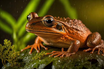 Obraz premium In a damp woodland, a brown frog. Generative AI