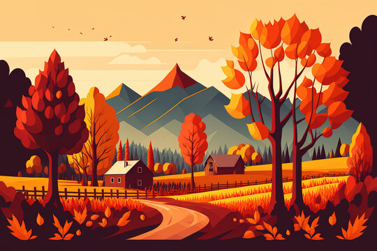 Scenery from autumn with trees, mountains, fields, and leaves. countryside setting Autumnal atmosphere a based image. Generative AI
