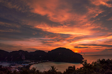 View from the viewpoint of Phi Phi Island. Sunset over Ko Phi Phi Island	