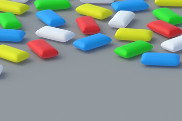 Scattered various colors chewing gums. Mint bubblegums. Space for text. 3d render