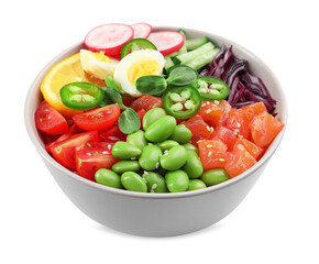 Poke bowl with salmon, edamame beans and vegetables isolated on white