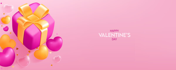 Happy Valentine's day, greeting card design. Purple gift box with transparent hearts and confetti on pink background.