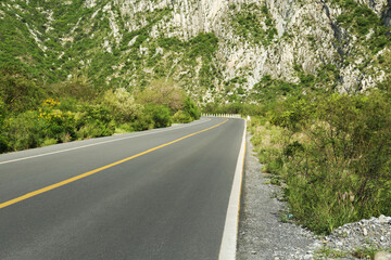 Picturesque view of big mountains and bushes near road