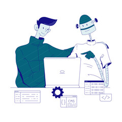 Male programmer working with robot