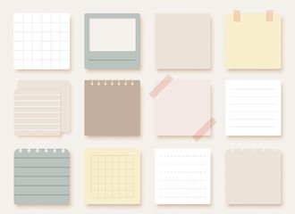 Paper note sticker square notepad pastel flat set. Sheet spiral notebook scotch taped to do list planner fulfillment board reminder time planner sequence organization diary schedule memo pin isolated