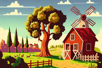 Farm scene and lonely farm element. Generative AI