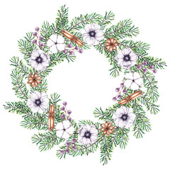 Watercolor Christmas Wreath on a white background
