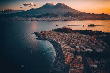 Dawn aerial view of the harbor and Mt. Vesuvius in Naples, Italy. Generative AI - obrazy, fototapety, plakaty