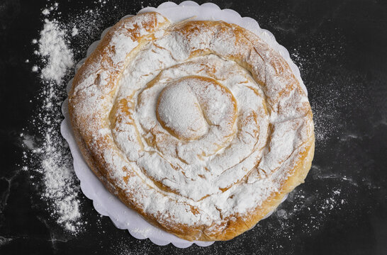 Ensaimada of Mallorca (enseimada), Mallorcan food. Typical pastry of Mallorcan gastronomy. Balearic Islands, Spain.