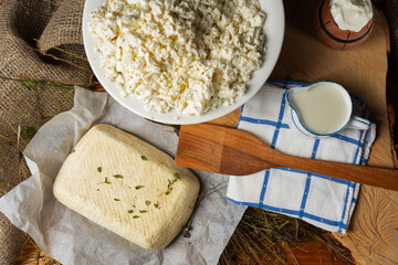 Cottage cheese in ceramic bowl and homemade cheese on wooden table