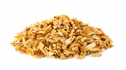 Pile of dried orange zest seasoning isolated on white